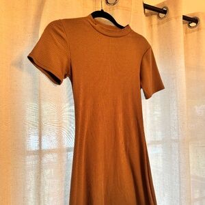 Tan High Neck Short Sleeve Mini Dress